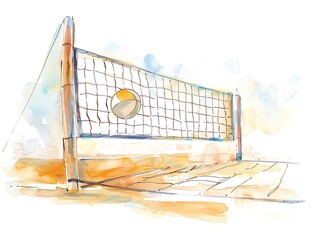 Watercolor painting of a volleyball net on a beach.