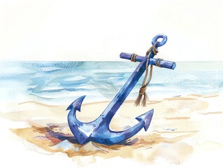 A blue anchor sits on the beach, half-buried in the sand