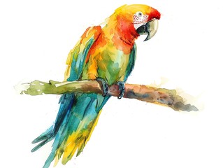 Colorful watercolor painting of a parrot. The parrot is sitting on a branch. The parrot has bright yellow, green, and blue feathers. The background is white.