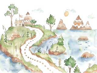 Create a watercolor illustration of a whimsical landscape with a winding road, a small house, mountains, and a lake. The illustration should have a soft and dreamy feel.