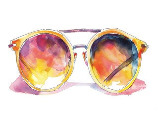 Pink plastic sunglasses, painted in watercolors. The glasses are reflecting a purple and blue background.