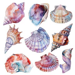 A beautiful watercolor painting of a variety of seashells