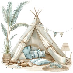 A beautiful watercolor illustration of a teepee tent with a boho vibe