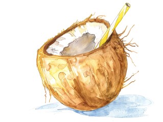 Watercolor painting of a coconut with a yellow straw.