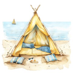 A beautiful watercolor painting of a teepee on the beach
