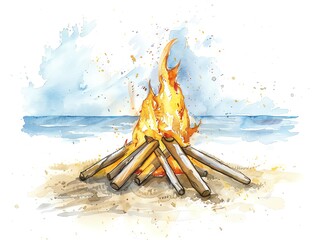 A bonfire burns on the beach. The sea is calm. The sky is clear. The fire is warm and inviting. The perfect place to relax and enjoy the peace.