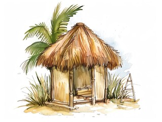 wanted to create a simple, rustic grass hut. The hut has a thatched roof and a wooden door. There is a palm tree next to the hut.