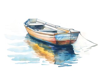 A watercolor painting of a boat floating on calm water