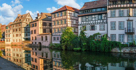 Le Petite France, the most picturesque district of old Strasbourg. Half-timbered houses with...