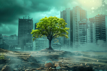 A lone tree stands resilient in barren soil against a backdrop of urban skyscrapers. Concept of environmental resilience amidst urbanization.