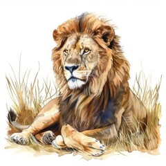 Watercolor painting of a majestic lion resting in the savannah, on isolated white background, Generative AI