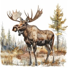 Watercolor painting of a majestic moose standing in a tranquil forest clearing, on isolated white background, Generative AI