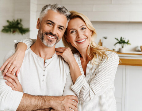 Portrait of cheerful middle-aged couple grey hair bearded man and blonde woman at home interior