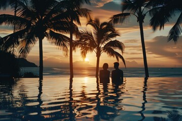 Romantic tropical sunset with silhouetted palm trees reflecting on tranquil water, ideal for travel and vacation themes.

