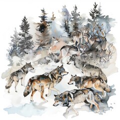 Watercolor painting of a playful pack of wolves exploring the forest, on isolated white background, Generative AI
