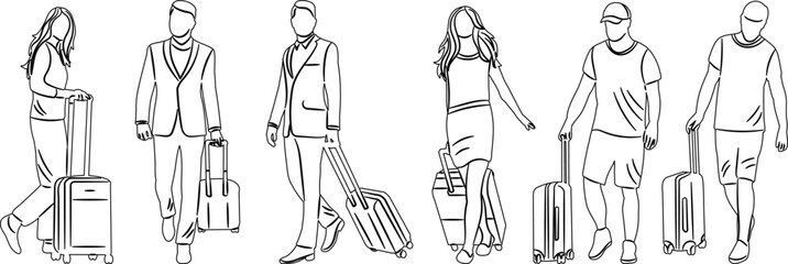 people going on vacation with suitcase sketch on white background vector