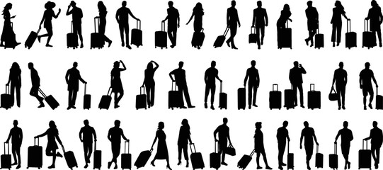 people with suitcases set, silhouette collection on white background vector