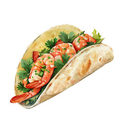 A watercolor painting of a shrimp taco. The taco is made with a corn tortilla, shrimp, lettuce, tomato, onion, and cilantro. The taco is garnished with a lime wedge.