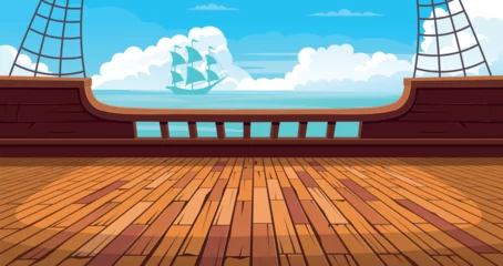 Wandcirkels Piraten Empty deck on a ship. Hand drawing game background. Vector. Cartoon.  © NADEZHDA