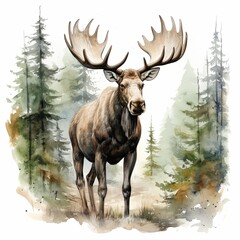A moose in a forest watercolor clipart illustration on white background