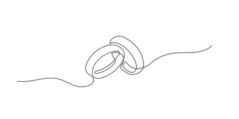 Obraz premium One line line drawing of wedding rings. Romantic elegance concept and symbol of engagement proposal and marriage invitation in simple linear style. Wedding. Doodle vector illustration
