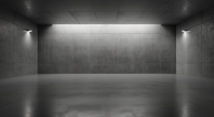 Banner, A blank wall of concrete in an empty room with no furniture, illuminated by two bright lights on the left and right sides. The polished cement floor, product display montage advertising