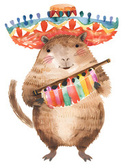Capybara wearing sombrero and plays a musical instrument. Cute watercolor illustration on white background.