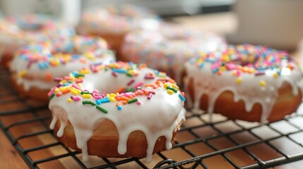 Fototapeta na wymiar Delicious donuts with icing and colorful sprinkles on cooling rack. National Donut Day