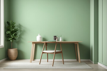 Minimalistic light green Wall with Empty Frame, Table, and Window, 3D Illustration, Ai generated

