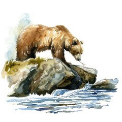 Fototapeta premium Watercolor painting of a solitary bear fishing in a mountain stream, on isolated white background, Generative AI