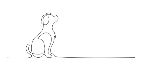 Cute dog, pet online continuous hand drawn vector objects. The dog is sitting on the floor. Cute dog one line art. Vector illustration