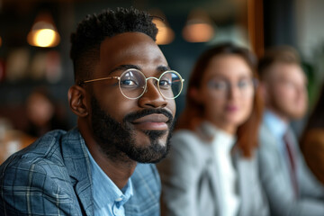 Obraz premium A confident businessman with glasses sitting in a meeting among a diverse group of professionals. Concept of multicultural collaboration and leadership.