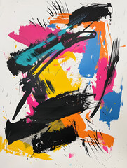 An abstract painting featuring a dynamic interplay of black, yellow, pink, and blue colors, creating a vibrant composition.