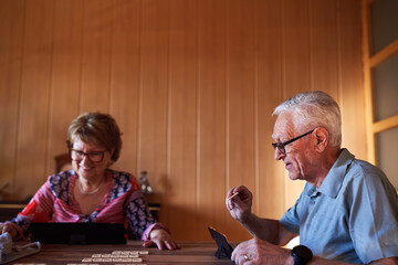 Senior couple having fun playing a board game