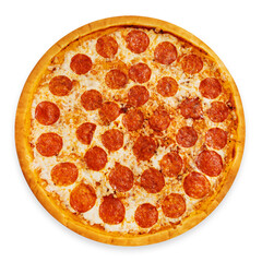 Pepperoni pizza, top view, on a white background, isolation.