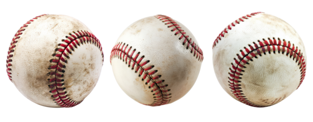 Three old baseballs with red stitches on a transparent background.