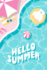 summer vector background with a polar bear floating in the swimming pool for banners, cards, flyers, social media wallpapers, etc.