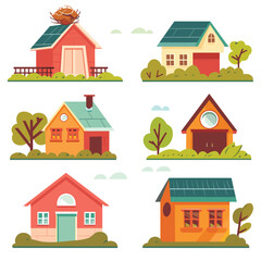 Six different colorful cartoon houses, unique designs, solar panels roofs, surrounded greenery. Trees, shrubbery, clouds give serene suburban neighborhood feel collection homes. Flat design vector