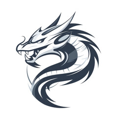 A fierce stylized dragon illustration in grayscale