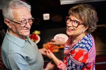 Happy senior couple preparing lunch at home kitchen.