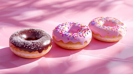 Three glazed donuts with pink frosting and sprinkles on pink background. National Donut Day