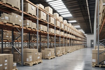 A large and orderly warehouse with high shelves filled with boxes. The floor is marked with yellow lines for safety and organization. Boxes are neatly stacked on shelves, some with labels.