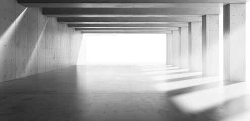 Minimalist Illumination background: Spacious White Room with Concrete Ceiling and Pillars. Abstract Empty Concrete Room with Light Streaming from Above, Perfect for Presentations or Mockups