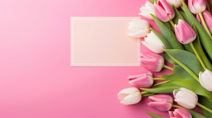 Pink and yellow tulips and white rectangular paper note frame on pink table texture background.