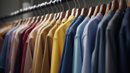 Obraz premium A row of colorful shirts hangs on a long rack. A window in a clothing store.