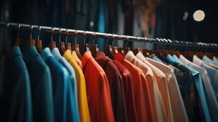 Fototapeta premium A row of colorful shirts hangs on a long rack. A window in a clothing store.