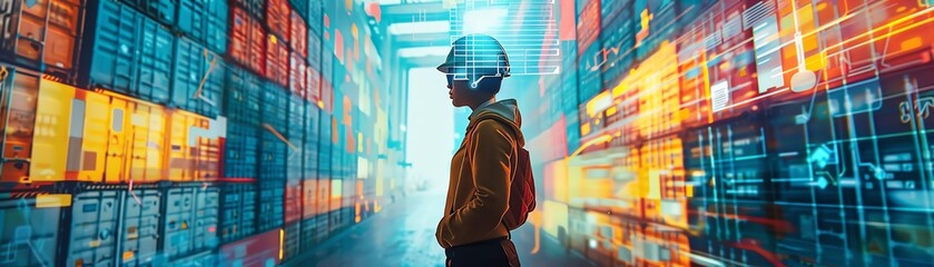 A young woman wearing a hard hat and safety glasses stands in a warehouse, looking at a digital display of data. - Powered by Adobe