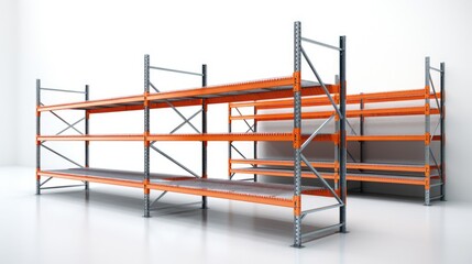 A large empty warehouse with long rows of shelves and racks.
