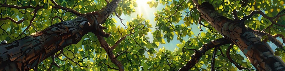 Looking up through the dense canopy of a lush forest, dappled sunlight filters through the leaves, creating a mesmerizing play of light and shadow on the forest floor