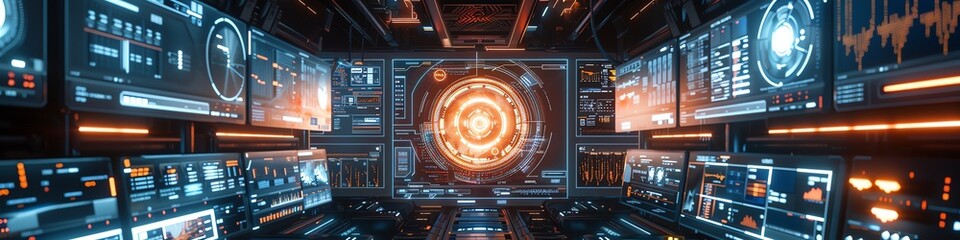 Futuristic spaceship cockpit interior with control panels and screens. Concept art.